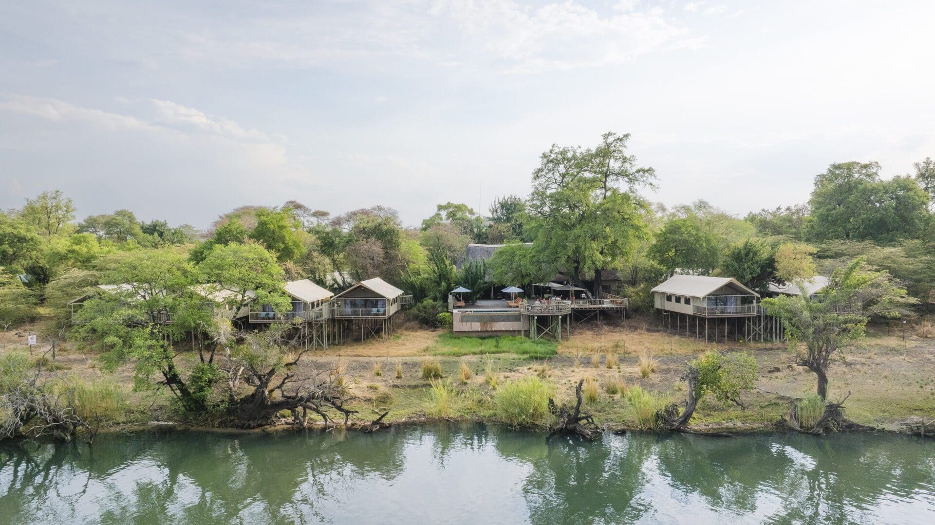 Aerial view of Jackalberry Chobe Lodge overlooking the river in Botswana