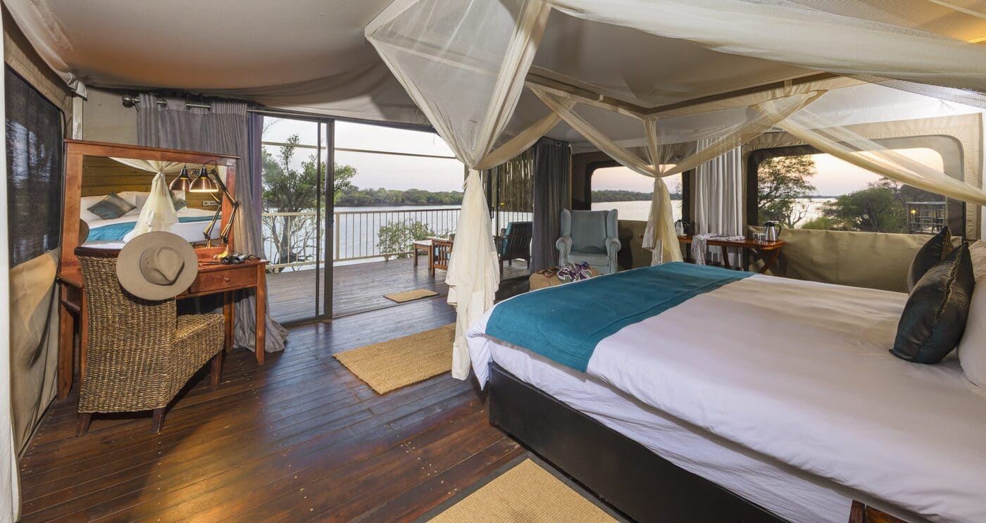 Interior of a luxury tent with river views at Jackalberry Chobe Lodge